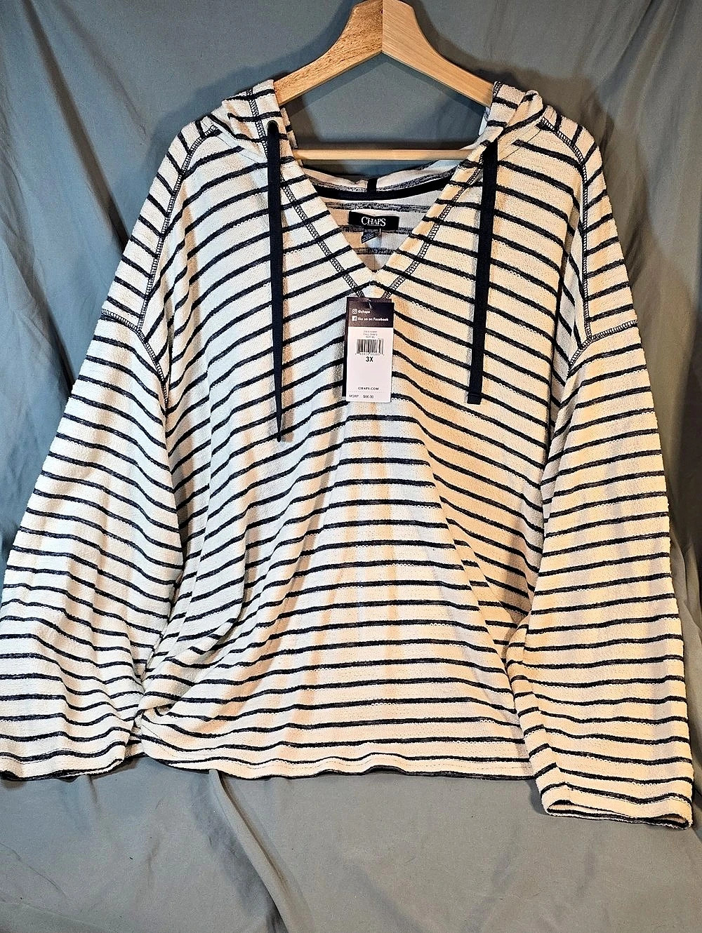 Chaps Striped V-Neck Hoodie Sweater White & Blue 3X